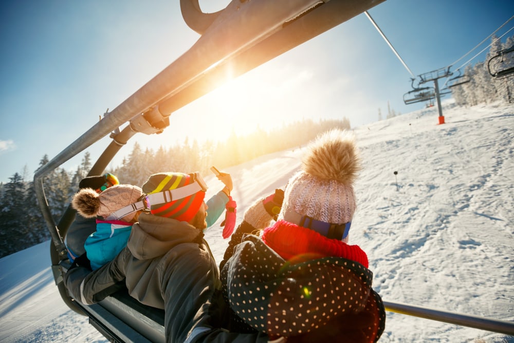 group of friends on ski lift