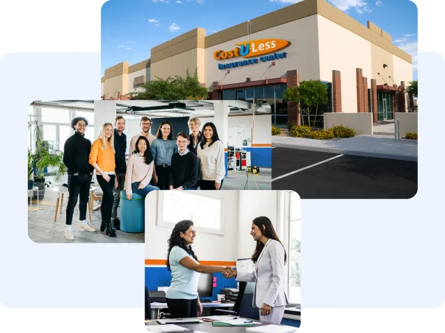 Cost-U-Less office, insurance agents posing for a photo, agent and customer shaking hands