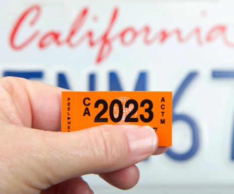 Person holding a renewed registration sticker in front of license plate