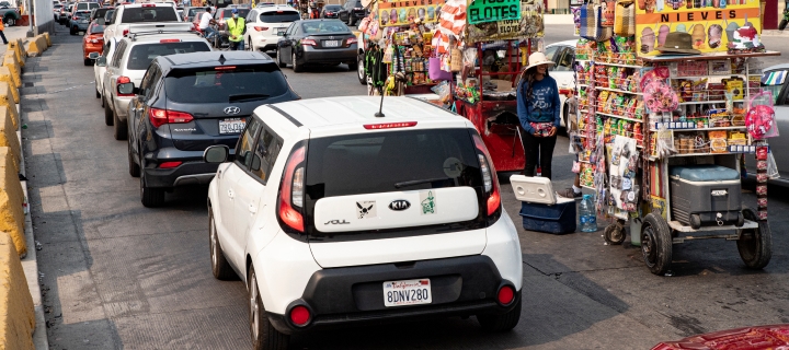 Tijuana and San Diego residents line up at the Otay gate to cross the Tijuana border.